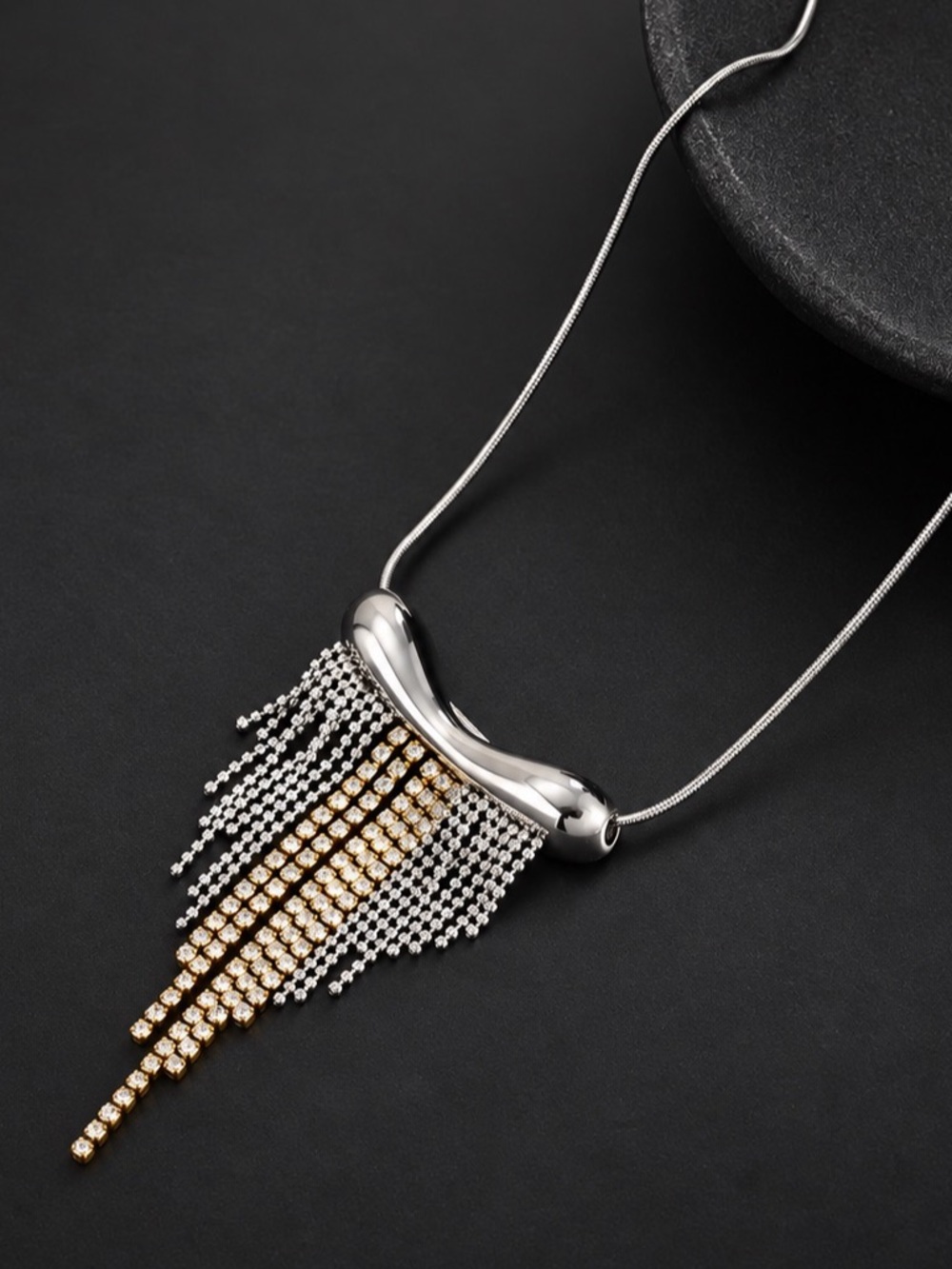 Crystal Fringe Pendant Necklace, Silver & Gold Evening Statement Jewelry